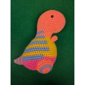 Handmade Crochet Dinosaur Plush Amigurumi T-Rex Multi-Color Striped Yarn Toy 12"